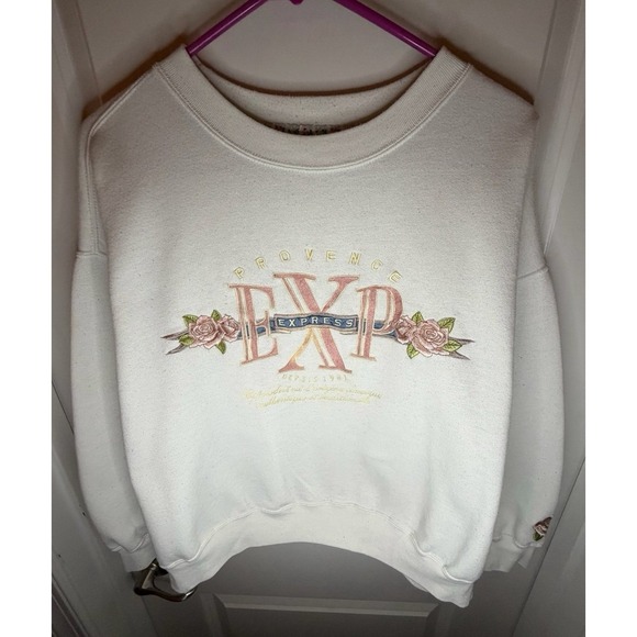 Vintage 90's Express Embroidered Floral White Crewneck Sweatshirt Women's Small - Picture 2 of 4